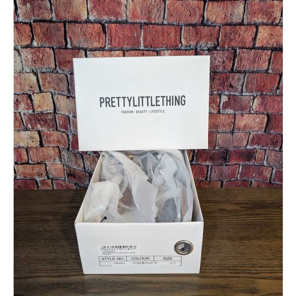 PrettyLittleThing Silver Metallic Ankle Strap Square Toe Block Heels Size 4 - Picture 4 of 8